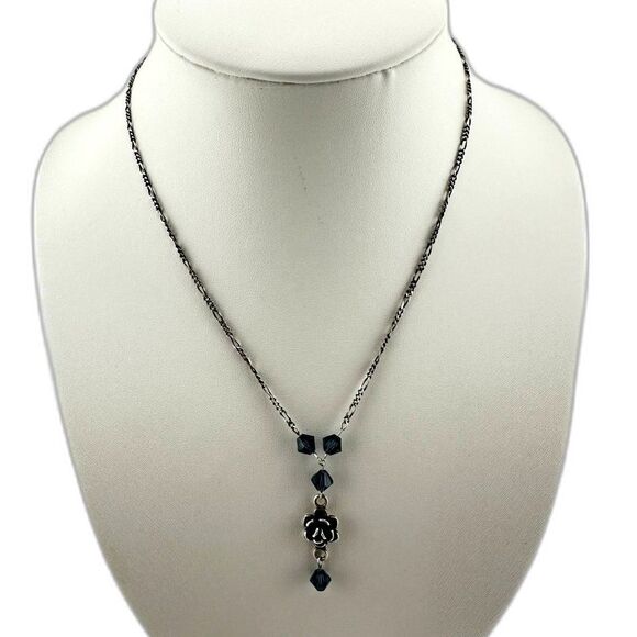 Sterling Silver Flower Floral Blue Crystal Drop Vintage Pendant Necklace - Picture 3 of 5